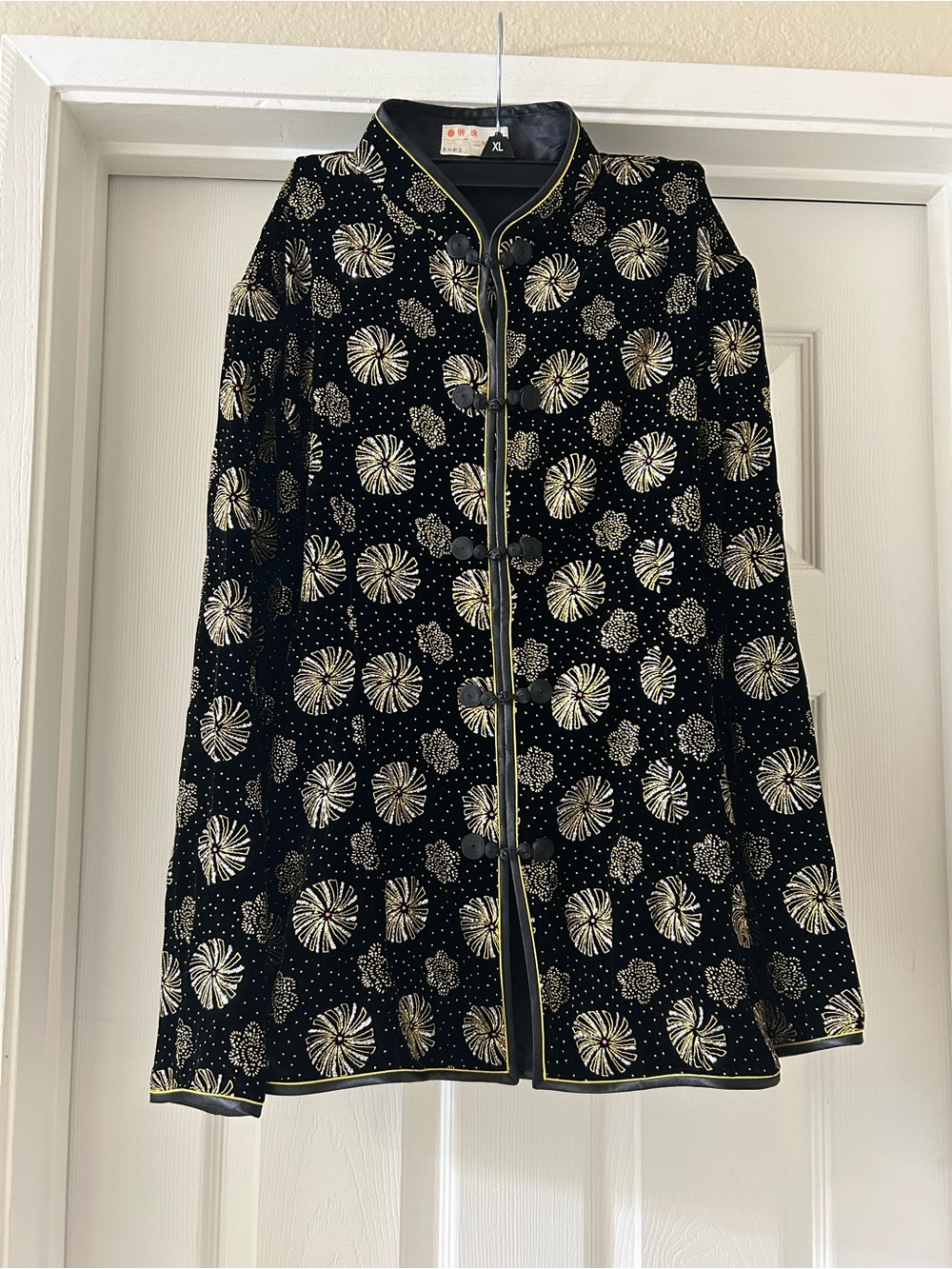Black Velvet Cape Coat with Gold Floral Embroidery